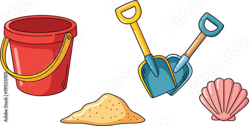 Beach Sand Toy Vector Illustration Set Featuring a Red Plastic Bucket Blue Shovels Sand Pile and Pink Seashell Summer Icons