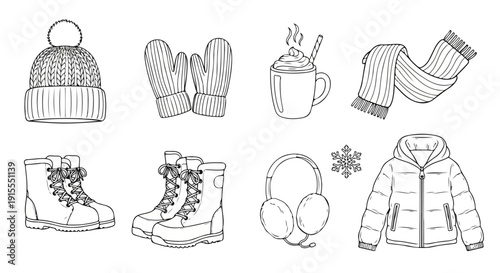 Winter accessories and gear for cold weather activities and outdoor adventures Vector
