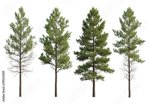Four green pine trees standing side by side with varying heights