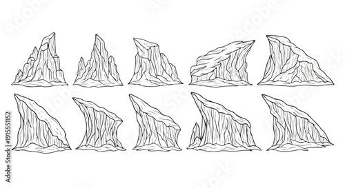 A collection of various types of mountains and mountain ranges drawn in a sketch style Vector