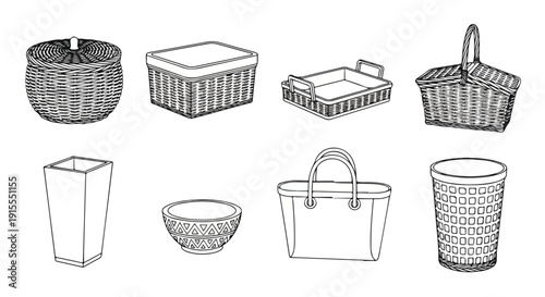 An assortment of various baskets and containers for carrying items Vector