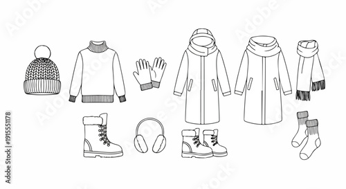Winter clothing and accessories for cold weather protection and warmth Vector