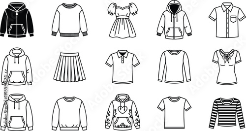 Set of Clothing Illustrations Featuring Hoodies, Sweaters, Dresses, Shirts, Skirts, and T-Shirts in Black-and-White Fashion Artwork