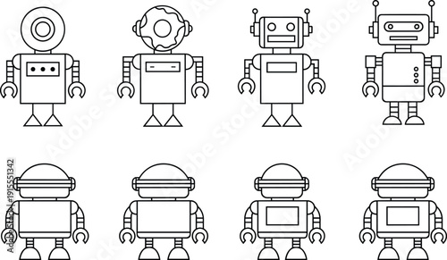 Set of Cartoon Robot Illustrations Featuring Unique Head Shapes, Torso Designs, Antennae, and Facial Features in Stylized Artwork