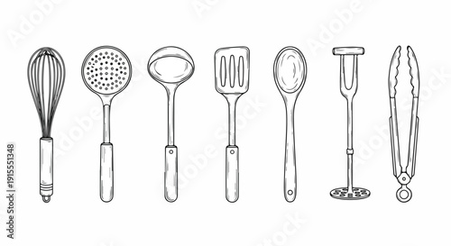 Assorted kitchen utensils displayed in a row for cooking and baking Vector