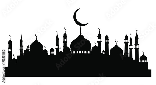 A striking black silhouette depicts a traditional islamic mosque with numerous minarets and a crescent moon against a plain white background