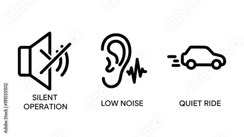 Car Feature Icons: Silent Operation, Low Noise, and Quiet Ride Symbols for Eco-Friendly and Modern Vehicle Design