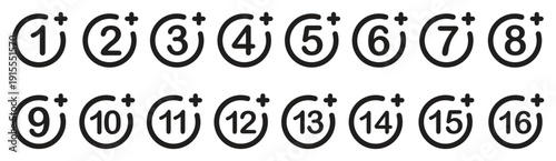 Age, old, child, Plus sign in circles from number one to sixteen isolated on white background for user interface and infographic elements