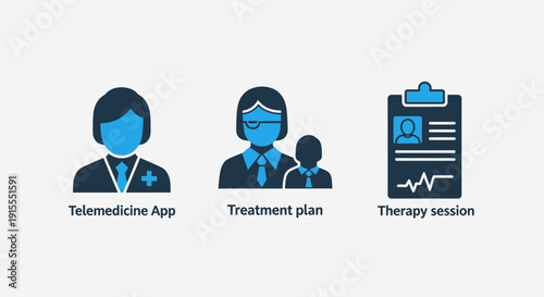 Healthcare Icons: Telemedicine, Treatment Plan, and Therapy Session