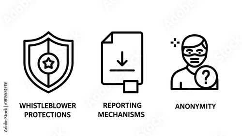 Corporate integrity icons: whistleblower protection shield, reporting mechanisms document, and anonymity mask, symbolizing transparency and trust.