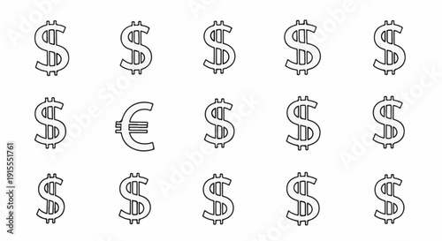Collection of dollar and euro currency symbols on a white background