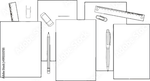 Collection of drawing and writing tools, including rulers, pencils, pen, eraser, clips, and papers