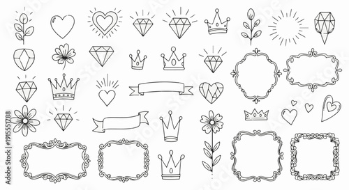 Collection of doodle icons hearts, gems, crowns, flowers, frames, and banners