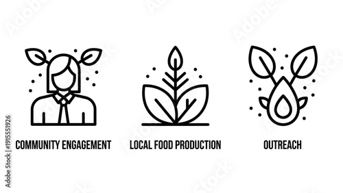 Illustrations of community and local production: person with leaves for engagement, plant sprout for local food, and leaf drip for outreach initiatives.
