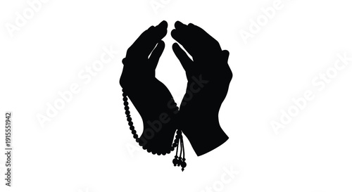 A black silhouette depicts two hands clasped together in prayer holding a string of prayer beads against a stark white background
