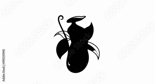Black silhouette of a stylized pitcher plant with a curled stem and leaves