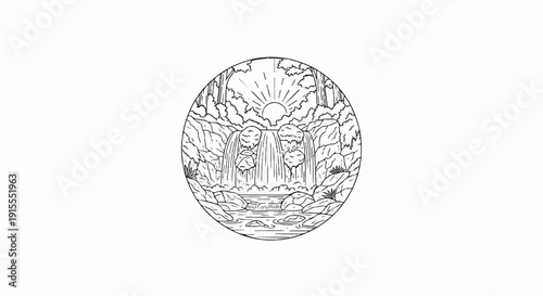 Circular black and white illustration of a lush waterfall scene with sunbeams