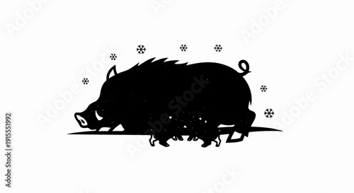 Black silhouette of a wild boar with piglets in snow