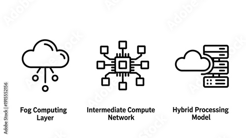 Conceptual icons illustrating fog computing, intermediate network nodes, and hybrid processing models in cloud and edge technology.