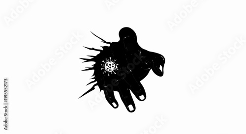Black hand contorted with virus on palm, sharp edges emanating