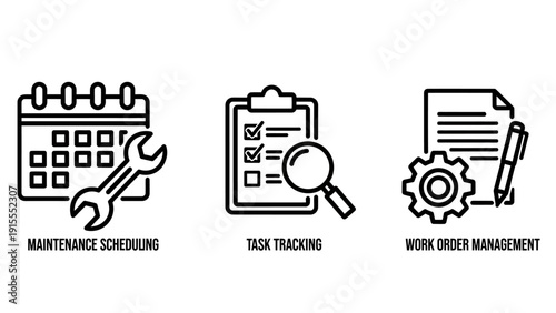 Icons for business operations: a calendar with a wrench for maintenance scheduling, a clipboard with magnifying glass for task tracking, and a gear with document for work order management.