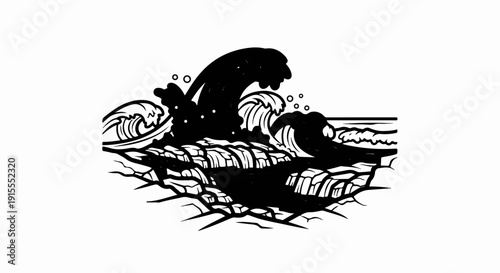 Black ink illustration of crashing waves against jagged rocks