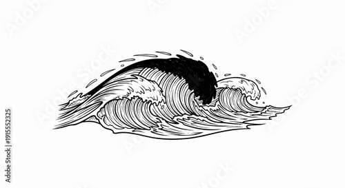 Black ink sketch of a crashing ocean wave with spray and foam