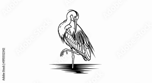 Black ink sketch of a great blue heron standing on one leg in water