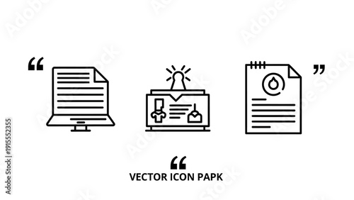 Digital document and identity icons: a computer screen displaying text, an ID badge with a person and lightbulb, and a document with a profile icon, representing online records and verification.