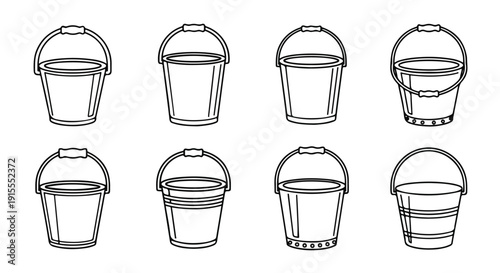 A collection of various types of buckets and pails in a line-up Vector