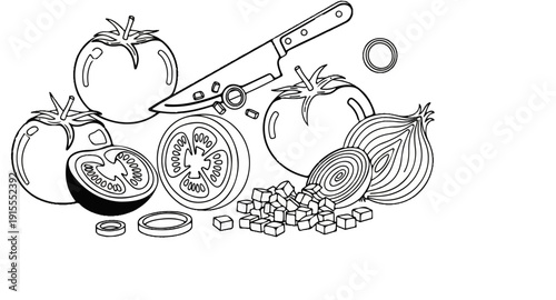 Chopped tomatoes, onions and a knife ready for cooking