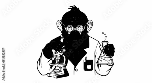 Chimpanzee in lab coat, glasses, holding microscope and flask