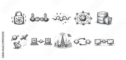 Cryptocurrency and security outline icon set: blockchain, digital safety, data protection