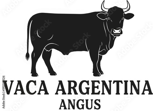 Black silhouette of an Angus bull with text below