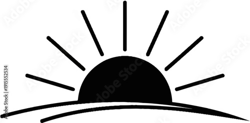 Black silhouette of a rising sun over a wavy horizon line