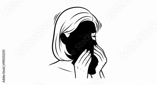 Black silhouette of a woman blowing her nose with a tissue