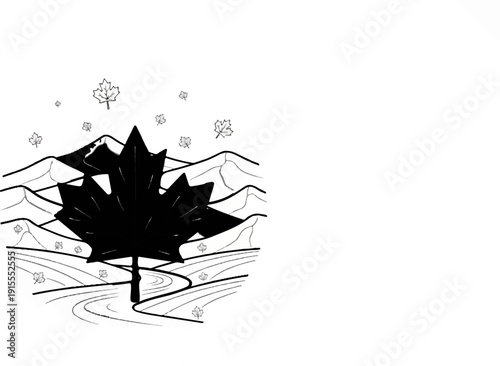Black maple leaf against a backdrop of winding rivers and mountains