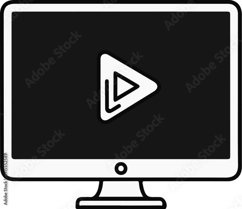 Black monitor screen displaying a white play button icon with buffering symbol