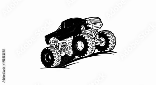 Black monster truck with oversized tires driving up an incline