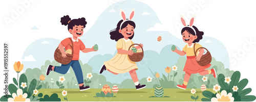 Children with bunny ears joyfully hunt for colorful eggs in a spring meadow