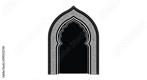 An ornate gothic style arched doorway with intricate detailed patterns is shown as a striking black silhouette high quality professional