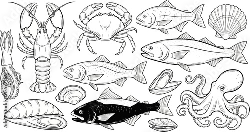 Collection of various seafood items including fish, crustaceans, and mollusks