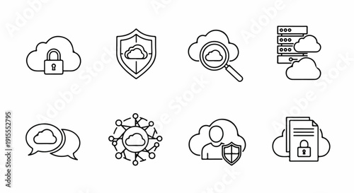 Icons representing various aspects of cloud computing and cybersecurity. Vector