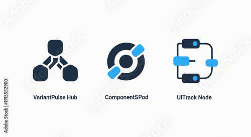 Abstract icons representing software components, variant hubs, and UI track nodes for technology and development