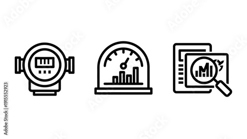 Icons showing a digital meter, performance gauge with bar chart, and analytics report for business data and metrics