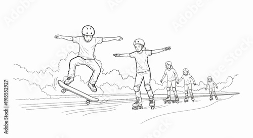 Children skateboarding and rollerblading outdoors on a cloudy day