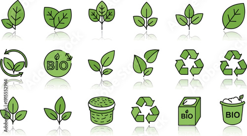 Collection of green leaf icons, recycling symbols, and bio containers