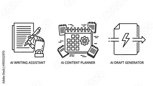 AI Writing Assistant, Content Planner, and Draft Generator Icons for Creative Content Creation and Automation