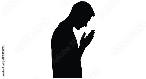 A black silhouette depicts a man looking down with his hands clasped in front of him against a stark white background silhouette