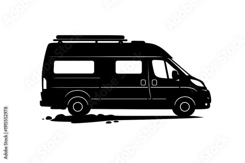 Modern Camper Van Silhouette Side View - Vector Illustration of Customized RV or Cargo Delivery Vehicle with Roof Rack for Adventure Travel and Road Trip Lifestyle Icon
